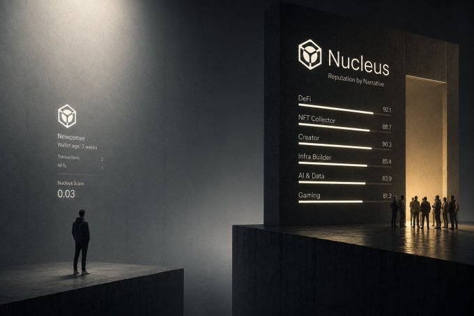 A lone figure stands before a massive digital display labeled "Nucleus - Reputation by Narrative," which scores various Web3 roles—DeFi (92.1), NFT Collector (88.7), Creator (90.3), Infra Builder (85.4), AI & Data (83.9), and Gaming (82.2)—while a smaller screen shows "Newcomer, Wallet age: 2 weeks, Transactions: 2, NFT: 1, Hackhub Score: 0.03." The image visually illustrates the post's argument that Web3's broken distribution model reduces individuals and entire communities to arbitrary numerical scores, highlighting how attention, trust, and opportunity are allocated by reputation metrics rather than genuine merit or equity.