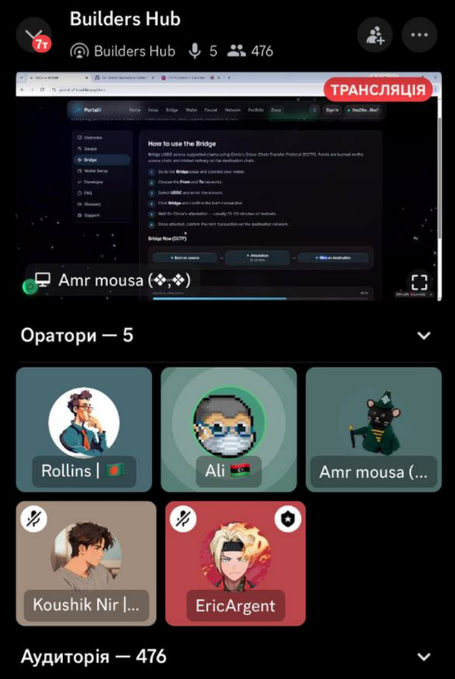 Screenshot of a live Telegram Spaces event called 'Builders Hub' with 476 listeners, showing 5 speakers including Rollins, Ali, Amr mousa, Koushik Nir, and EricArgent.
