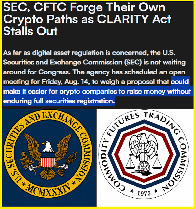 A news headline reads "SEC, CFTC Forge Their Own Crypto Paths as CLARITY Act Stalls Out," discussing the agencies' efforts to make it easier for crypto companies to raise money without full securities registration.