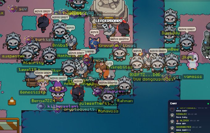 A crowded multiplayer game screen filled with numerous cartoon characters wearing helmets, with usernames like 'LFG', 'SquidKid', 'NOVA BABY', and 'drsb', plus a chat box on the right.
