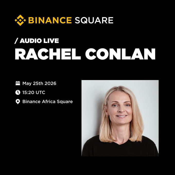 The image features a woman with blonde hair, dressed in black, standing against a white background. She appears to be smiling for the camera. The text "binance square" is visible at the top of the image, indicating that this is an advertisement or promotional material related to binance.com and their audio live events.