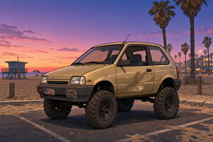 Digital artwork of a lifted, weathered yellow compact car (resembling a Nissan March/Micra) with off-road tires and an American flag decal, parked on a beach at sunset with palm trees and a lifeguard tower.