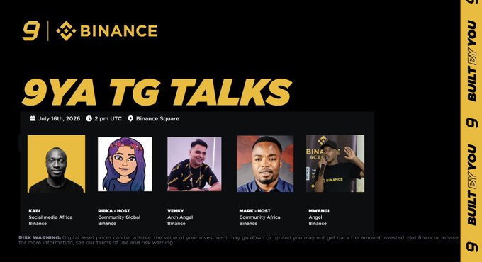 The image announces a Binance Square live session titled "9YA TG TALKS" on July 16th, 2026, at 2 PM UTC. It features five speakers, including Kabi and Ribka-Host, and promotes a $500 quiz pool.