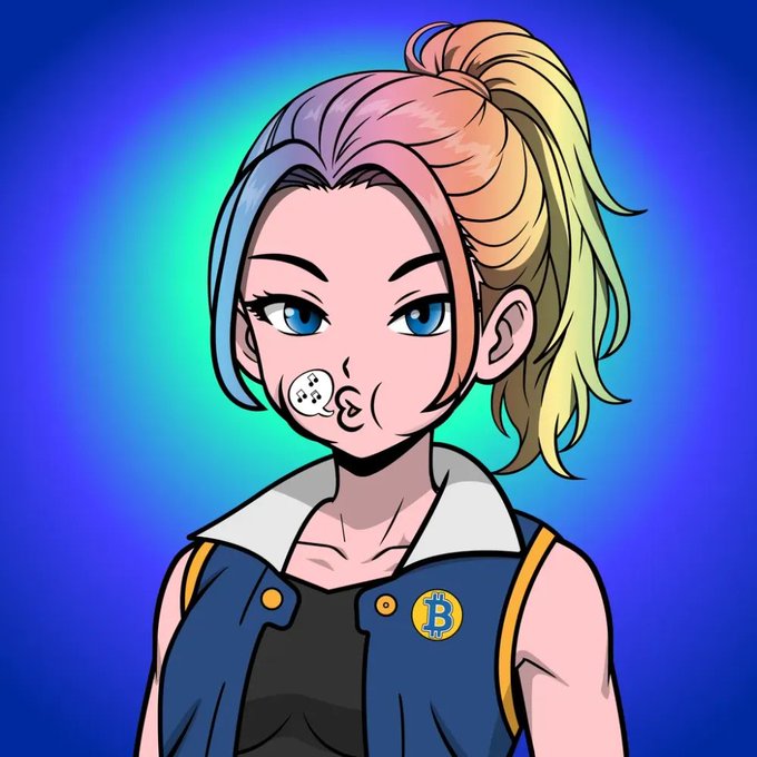 An anime-style illustration of a woman with a rainbow ponytail and a Bitcoin logo on her jacket, blowing a bubble gum bubble against a blue gradient background.