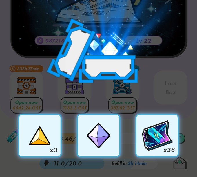 A mobile game interface showing a spaceship at level 22 (#987218) with in-game currency options (6542.24 GST, 1183.3 GST, 387.82 GST) and rewards including yellow and purple gems and cards (x3, x38), with energy at 11.0/20.0.