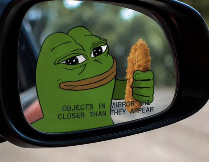A car side mirror decal featuring the 'Pepe the Frog' meme character holding a fried chicken tender, with the classic text 'OBJECTS IN MIRROR ARE CLOSER THAN THEY APPEAR'.