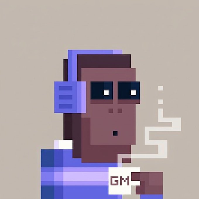 Pixel art of a person smoking a cigarette, holding a white cup labeled 'GM'.