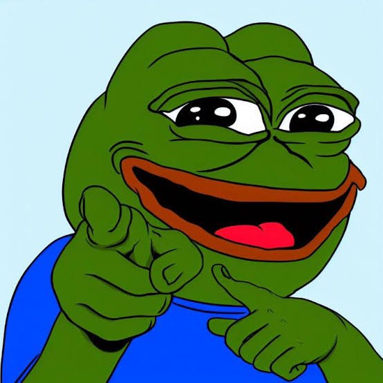 The classic Pepe the Frog meme pointing at the viewer with a smile against a light blue background.