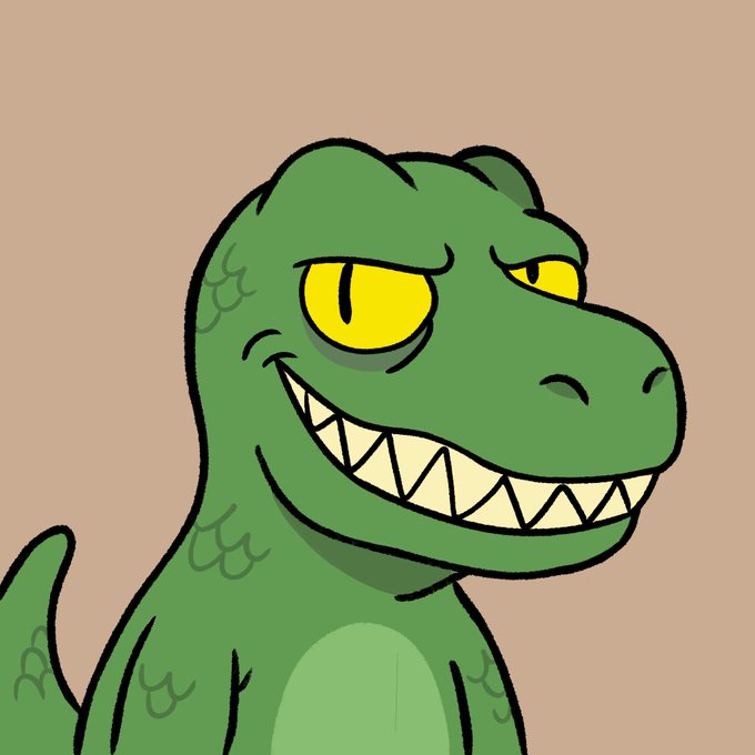 A cartoon illustration of a green dinosaur or reptile character with sharp teeth and yellow eyes against a tan background.