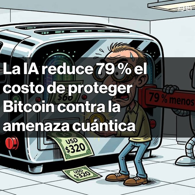 A cartoon illustration of a sweating man standing next to a futuristic machine dispensing money, with Spanish text overlaid reading 'La IA reduce 79% el costo de proteger Bitcoin contra la amenaza cuántica' and a red sign showing '79% menos'.