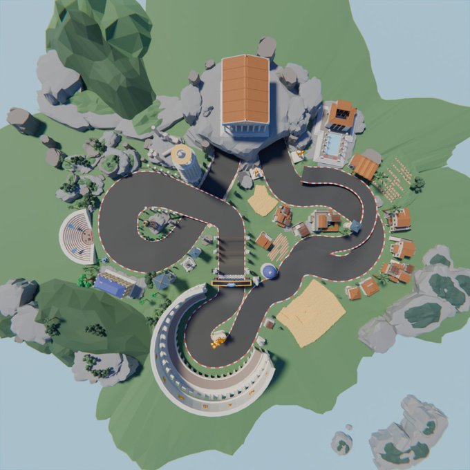 A 3D overhead view of a low-poly island featuring a winding asphalt race track, a large building with an orange roof, small houses, trees, and rocky terrain.