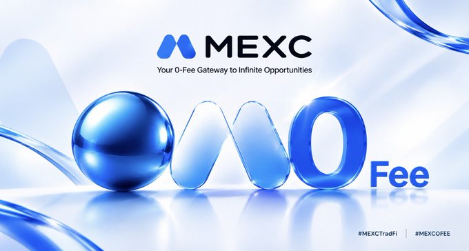 A sleek MEXC promotional graphic featuring a glossy blue sphere and flowing ribbon-like shapes forming "0" against a light background, with the tagline "Your 0-Fee Gateway to Infinite Opportunities" and hashtags #MEXCTradFi and #MEXCOFee, highlighting the platform's zero-fee offer on eligible stock products referenced in the post.