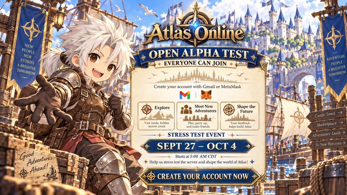 A promotional graphic for 'Atlas Online' announces an Open Alpha Test running from 'SEPT 27 – OCT 4', featuring an anime-style character and a fantasy castle.