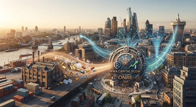 A futuristic cityscape shows a glowing circular emblem labeled 'RWA CAPITAL FLOW ONRE' with light trails of trucks and packages flowing through an urban skyline.