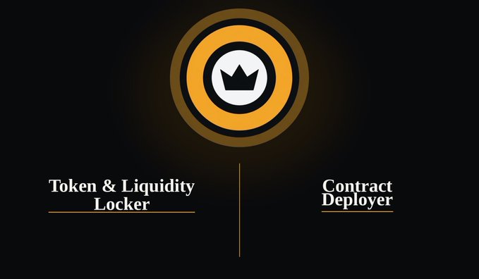 A logo for a crypto service featuring a crown icon in orange and white circles, with text reading 'Token & Liquidity Locker' and 'Contract Deployer' flanking a central vertical line.
