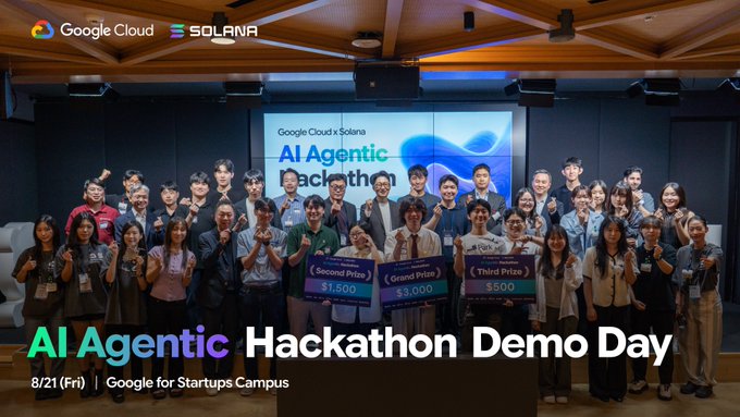 A group photo from the 'Google Cloud x Solana AI Agentic Hackathon Demo Day' on 8/21 (Fri) at the Google for Startups Campus, with participants holding prize signs for Second Prize $1,500, Grand Prize $3,000, and Third Prize $500.