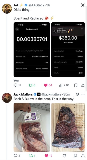 Screenshot of X (formerly Twitter) posts: @AAStack showing a Bitcoin Lightning invoice for ₿0.00385701 paid ($350), and @jackmallers praising 'Beck & Bulow' brisket.