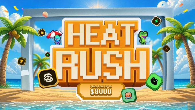The image features a poster for a video game called "HEAT RUSH" with a beach scene as its background, featuring palm trees and a body of water. The title of the game is prominently displayed at the top of the poster, along with an advertisement for the game that includes details about the rewards it offers. The text on the poster also mentions that there are NFTs available for players to purchase.