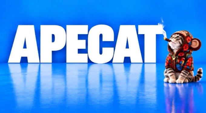 Promotional artwork featuring the text 'APECAT' alongside a cat wearing a colorful patterned hoodie and smoking a cigar against a blue background.
