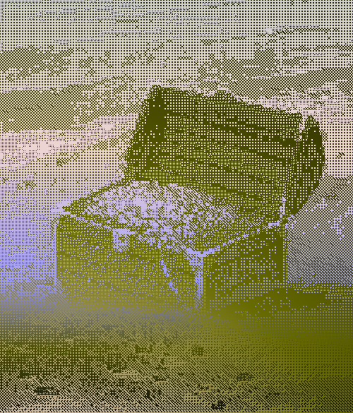 A halftone dot-style artistic image showing a silhouette of a person wearing a wide-brimmed hat and sunglasses against a coastal background.