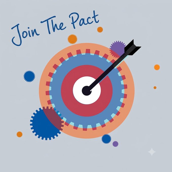 Light blue graphic with the cursive text "Join The Pact" above a colorful target with concentric circles in orange, blue, red, and white, pierced by a black arrow, surrounded by small gear and circle shapes.