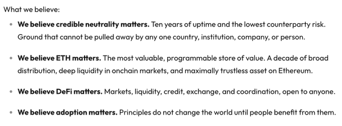 The image features a text box with a list of principles that are believed by @DeFi_Dad, which includes "What we believe" and "We believe credit neutrality matters." The image also contains a caption about Ethereum, suggesting that the principles listed in the text box might be related to this particular cryptocurrency.