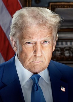 A close-up portrait of Donald Trump in a navy suit and blue tie, wearing an American flag lapel pin, with a serious expression. The image relates to the post about Trump potentially appointing Treasury Secretary Scott Bessent to a new "AI czar" role, highlighting Trump as the decision-maker behind the reported consideration.