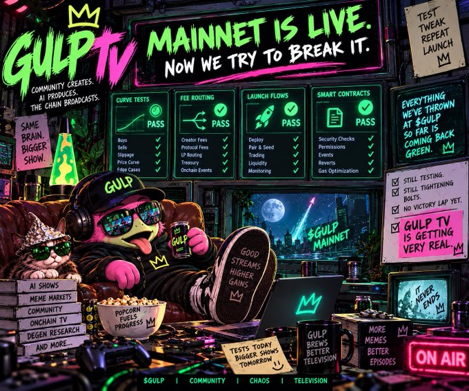 A colorful promotional graphic for 'GULP TV' announces 'MAINNET IS LIVE. NOW WE TRY TO BREAK IT' featuring a green frog character in sunglasses and various feature checklists.