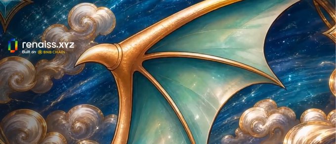 A fantastical digital artwork featuring ornate golden dragon-like wings and swirling clouds set against a starry cosmic background, with the "renaiss.xyz" logo and "Built on BNB CHAIN" text displayed in the corner. The image's mythical, transcendent aesthetic visually reinforces the post's theme of Renaiss's unique SBT-based identity system as something elevated beyond ordinary crypto marketing tools.
