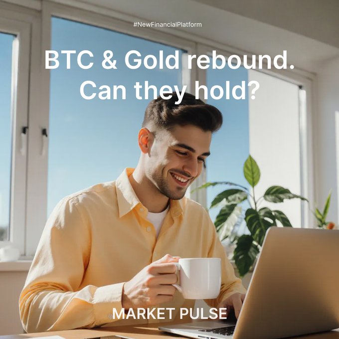 A smiling man holds a coffee mug while working on a laptop in a sunlit home office, overlaid with the text "BTC & Gold rebound. Can they hold?" and "MARKET PULSE" under the hashtag "#NewFinancialPlatform"—visually reinforcing the post's focus on the market's cautious optimism ahead of the US jobs report.