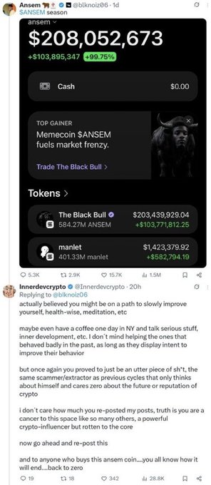 A screenshot showing the meme coin $ANSEM has a market cap of $208,052,673 (+99.75%), with "The Black Bull" as its top token gaining $103.7M, alongside a reply from @Innerdervcypto warning the community to slow down and "not listen to people who only think about themselves." The image supports the post's claim by showing the coin's rapid rise and the warning from a skeptical user questioning whether Ansem is a scammer.