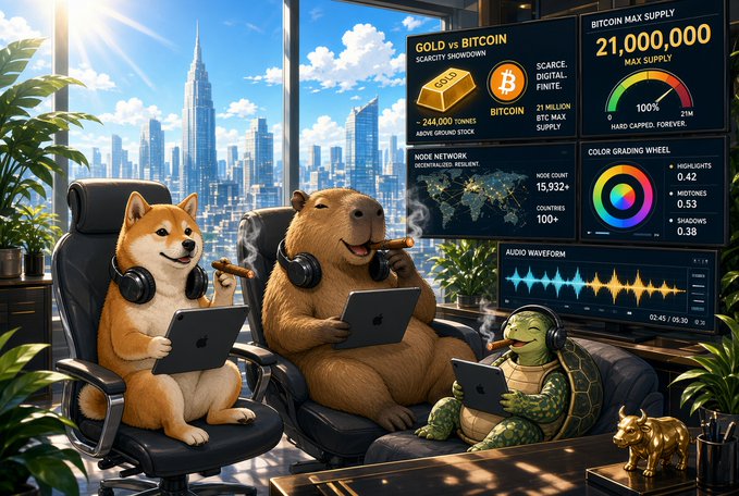 An illustrated scene of anthropomorphic animals—a Shiba Inu dog, a bear, and a turtle—wearing headphones and smoking cigars in an office overlooking a city skyline. Behind them are screens displaying 'GOLD vs BITCOIN', 'BITCOIN MAX SUPPLY 21,000,000', and 'COLOR GRADING WHEEL'.