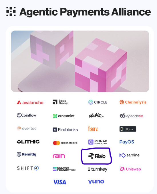 An 'Agentic Payments Alliance' infographic showing various partner logos arranged in a grid, with the 'Rialo' logo prominently circled in dark purple.