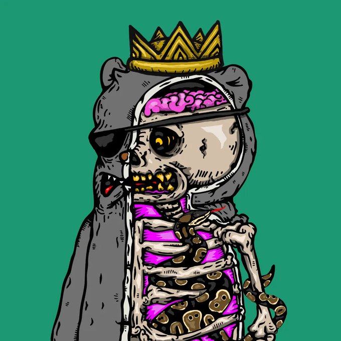 A cartoon illustration of a skeleton wearing a bear hood, gold crown, and gold teeth, with a pink brain visible inside the skull, set against a teal background.