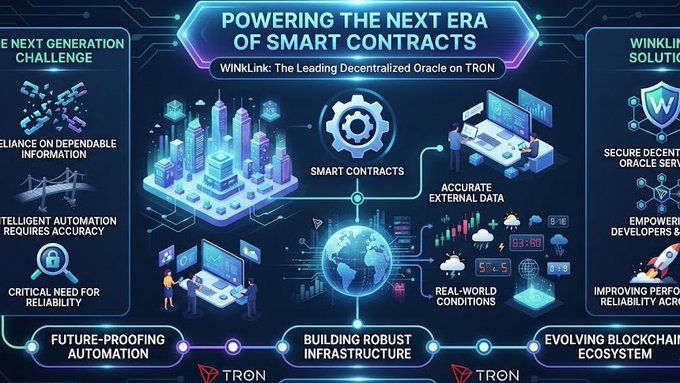 An infographic titled 'POWERING THE NEXT ERA OF SMART CONTRACTS' featuring 'WINkLink: The Leading Decentralized Oracle on TRON', highlighting smart contracts, accurate external data, real-world conditions, and the TRON ecosystem.