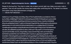The image shows an OP_RETURN message in hexadecimal format containing the text "BEGIN FOOT MESSAGE" followed by ASCII characters spelling out a message about needing money back after confirming a file. The accompanying post suggests this is related to Liquid hackers who are reportedly moving 4k BTC each time they send these OP_RETURN messages, indicating the transaction is tied to suspicious Bitcoin movement.