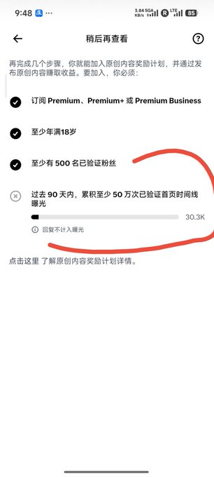Image 6: A screenshot of a Chinese social media eligibility page for an "Original Content Rewards" program. A hand-drawn red circle highlights a requirement to accumulate at least 500,000 verified page view minutes in the last 90 days.