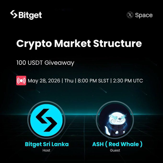 The image features a poster for an event related to cryptocurrency markets. The poster displays two logos, one blue and one white, with text that reads "Crypto Market Structure" and "100 USDT Giveaway May 28 - 8:00 PM SLST". There are also two circles on the poster, each containing a different logo representing a cryptocurrency exchange or platform. The event is scheduled to take place from May 28th through August 8th at 8:00 PM.