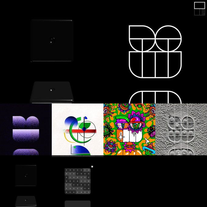 A collage featuring minimalist dark squares, an outlined version of the purple logo, the 3D textured logo, the abstract geometric art, the psychedelic character, and grayscale bubble textures.