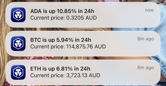 Crypto price notification alerts showing ADA up 10.85% at 0.3205 AUD, BTC up 5.94% at 114,875.76 AUD, and ETH up 6.81% at 3,723.13 AUD.