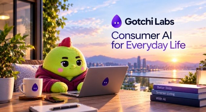 Gotchi Labs' 'Consumer AI for Everyday Life' advertisement featuring their green mascot character working on a laptop on a balcony overlooking a sunset cityscape, with books labeled 'Better Tools' and 'Smarter Living' nearby.