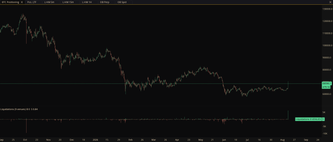 A TradingView chart titled "BTC Positioning" displaying Bitcoin's price decline from ~$125,000 in late 2025 to ~$67,000 in August 2026, with a Liquidation Delta panel at the bottom showing a sharp "Liquidation: $1,036,133.11" spike on August 17, corresponding to the largest BTC liquidation event since October 2025.