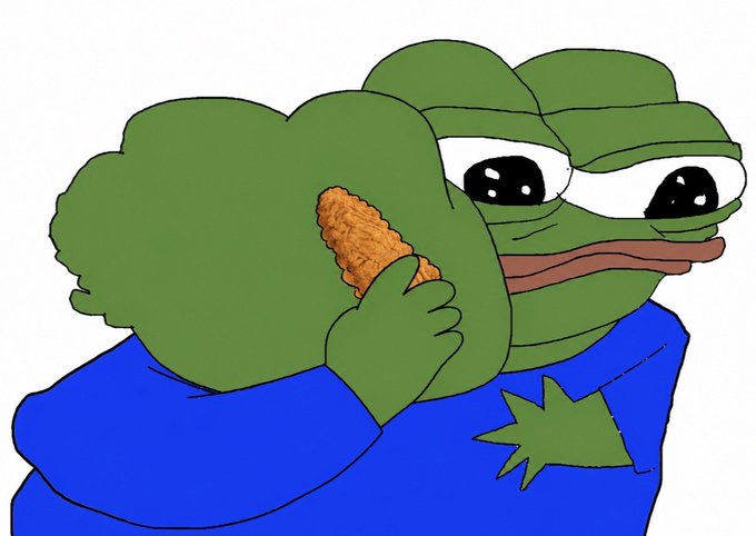 A sad Pepe the Frog in a blue shirt holds up a single chicken nugget, appearing disappointed as he asks if his friend has enough "tendies" (internet slang for chicken nuggets). The image humorously visualizes the post's request for more chicken nuggets through the famously dejected meme character.