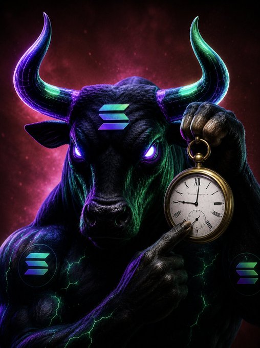 A dramatic digital artwork featuring a dark, muscular bull with glowing neon green and purple accents, displaying the Solana (SOL) logo on its forehead while holding a vintage pocket watch, set against a cosmic red and black background with lightning effects.