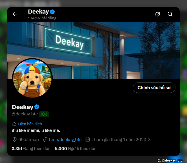 A Twitter/X profile page for Deekay (@deekay.btc) with 104.1K posts, featuring a puppy avatar wearing a colorful propeller hat and the bio 'if u like meme, u like me.'