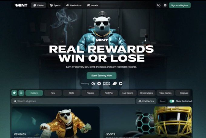 A website homepage for an online gaming/casino platform featuring a bear mascot in sunglasses, with the headline 'REAL REWARDS WIN OR LOSE' and a 'Start Earning Now' button.