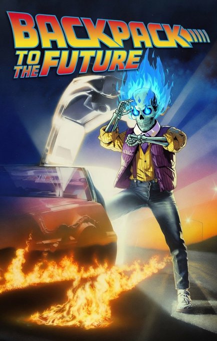 The image depicts two characters from a movie called "Backpack to The Future". One character has blue hair and orange clothing, while the other has blue eyes and a purple shirt. They are standing next to each other near a car with flames shooting up behind them. There is also a fire burning in front of the car that they are standing by.
