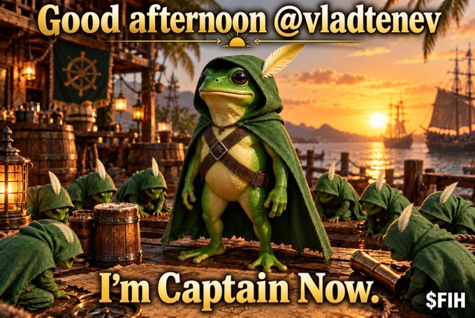 A meme image featuring a frog dressed as a pirate captain saying 'I'm Captain Now' to @vladtenev, with $FIH token ticker visible in the corner.