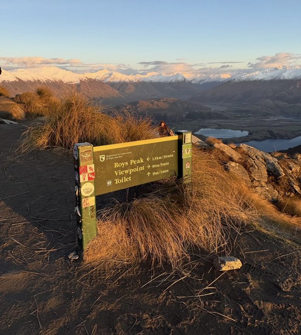 A "Good Morning" signpost from Roy's Peak Track in New Zealand greets hikers at sunrise, with the sign indicating the peak is 15km/30min away and the viewpoint 40m away. The accompanying "happy Sunday" caption fits perfectly with the serene Sunday morning glow illuminating the alpine landscape and snow-capped mountains in the distance.