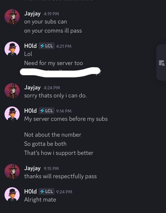 A Discord conversation shows Jayjay declining HOId's request to post on his subscribers and communications, with HOId expressing that his "server comes before subs," and Jayjay responding he'll "respectfully pass," aligning with the post's complaint about being rejected for a Solana broker collab.